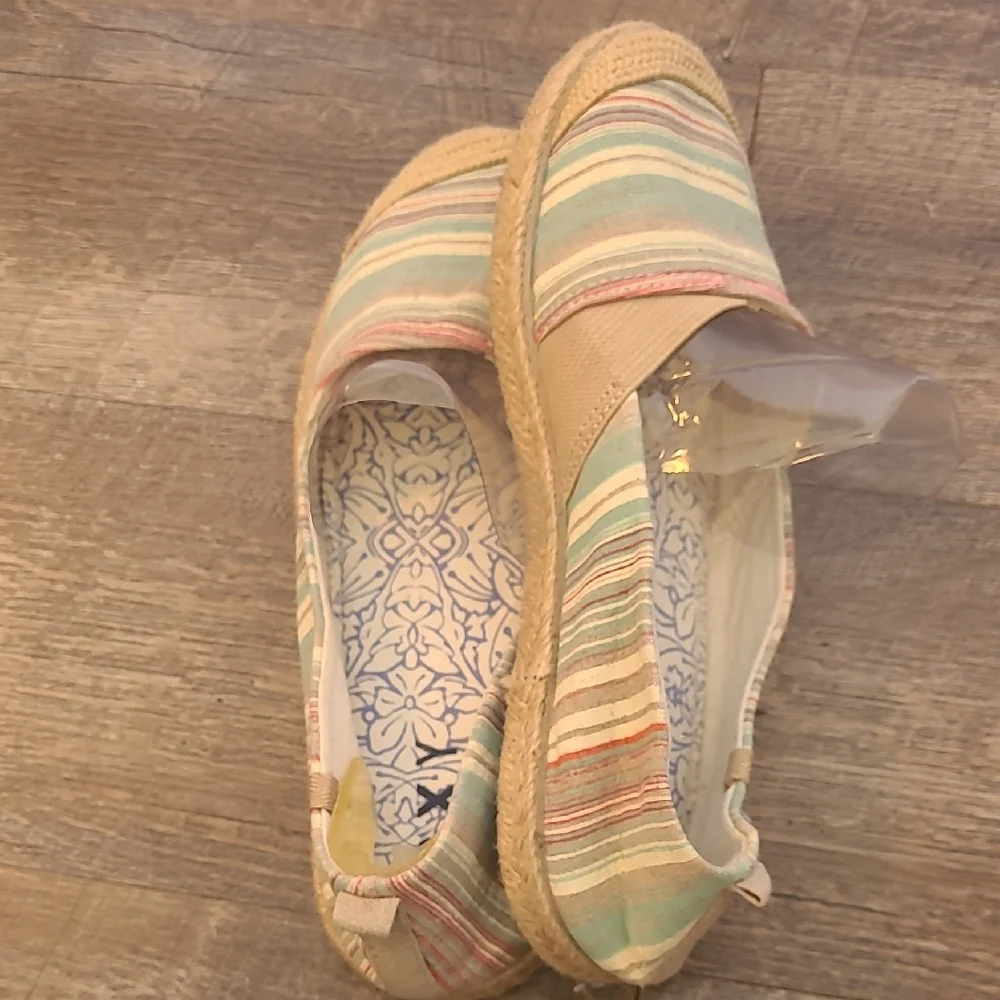 ROXY Size 8.5 Teal Cream Striped Espadrille Flat Slip On Shoes